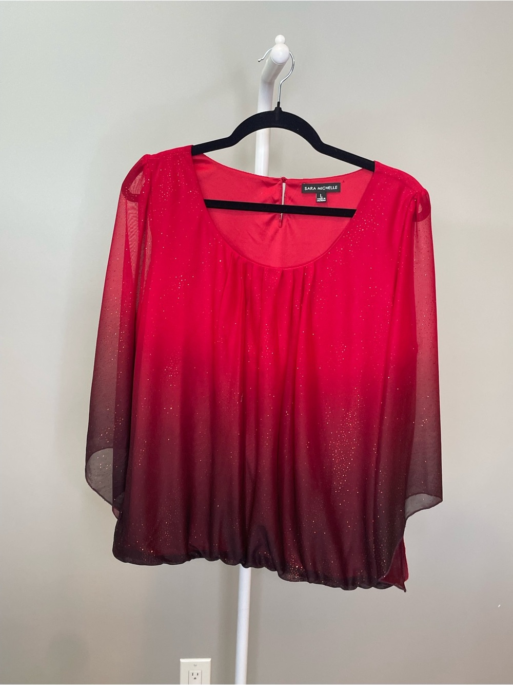 Sara Michelle Red to Black Ombre Y2K Glam Sparkle Chiffon Blouse - Large